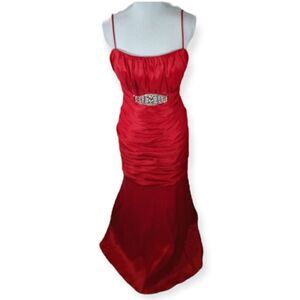 FIESTA RED SATIN RHINESTONES RUCHED GOWN SZ.2XL GUC